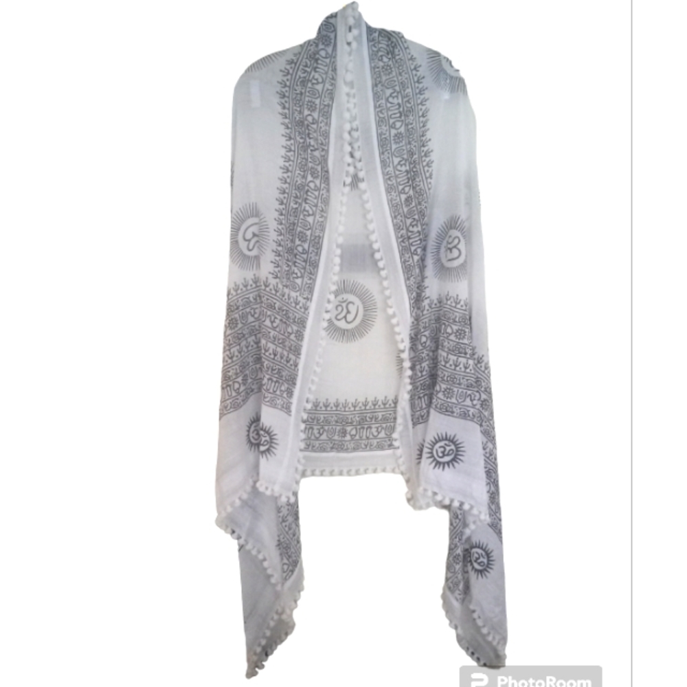 Matta NY Rare Black Om Print 100% Silk Dupatta Scarf With Fringe Hindu